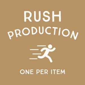 May include: A brown background with white text that reads "Rush Production" and a white silhouette of a person running with three white lines behind them. The text "One Per Item" is below the running person.