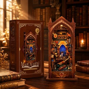 Puede incluir: Un kit de rincón de libros de madera marrón titulado Magic Academy, con un interior intrincado con una puerta arqueada azul, una escoba, libros y luces brillantes. El set incluye una caja marrón a juego con texto dorado y bordes decorativos.