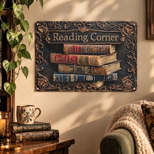 Puede incluir: Un letrero de pared rectangular de metal con el texto Reading Corner en letras doradas. El diseño incluye una pila de cuatro libros antiguos en tonos rojo, marrón y azul, rodeados por un borde floral en relieve de color bronce.