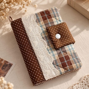 May include: A quilted fabric notebook cover featuring a brown and white polka dot spine, a cream-colored lace trim with heart patterns, and a brown and blue plaid main panel. A brown polka dot flap with a single white button secures the cover.