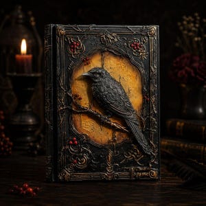 Peut inclure: Un livre rectangulaire à couverture noire présentant un relief d'un corbeau noir perché sur une branche. Le panneau central est de couleur or texturée, entouré de bordures noires ornées avec des accents de petites baies rouges et des détails de vignes.