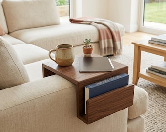 Walnotenhouten lade armleuning, bankopberger, plank armleuning, opbergruimte op afstand, handgemaakt houtdecor