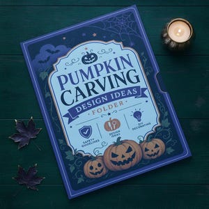 May include: A dark blue folder titled PUMPKIN CARVING DESIGN IDEAS FOLDER with illustrations of jack-o'-lanterns, spiderwebs, and bats. The cover features icons for safety guidelines, design ideas, and DIY decorating, all in a light blue frame.