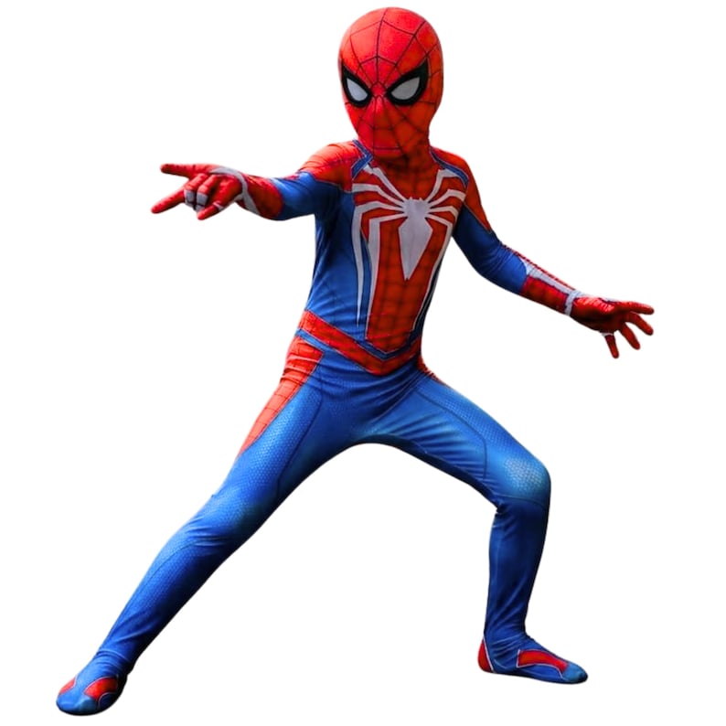 May include: A full-body Spiderman costume featuring a red and blue spandex material with a black web pattern. The suit includes a mask with white eye lenses and a large white spider emblem centered on the chest, with red accents on the arms and legs.