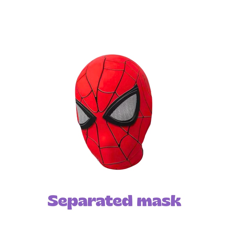 May include: A red full-head mask featuring a black web pattern across the surface and two large, white mesh eye lenses outlined in black. The text "Separated mask" is printed in purple letters below the mask on a plain white background.