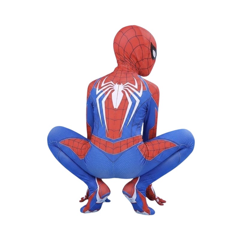 May include: A full-body spandex costume featuring a red and blue color scheme with a black web pattern. The back displays a large white spider emblem. The suit includes a matching full-head mask with white eye lenses, shown in a crouching pose.