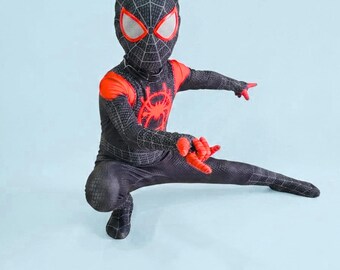 Fantasia infantil de Homem-Aranha nas cores preto e vermelho com máscara, estampa 3D para cosplay.