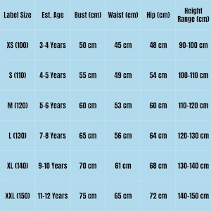 May include: A children's clothing size chart, displaying measurements in centimetres. The chart details label sizes, estimated ages, bust, waist, hip, and height ranges. Sizes range from XS (100) for 3-4 years to XXL (150) for 11-12 years.
