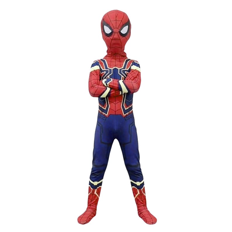Peut inclure: Un costume complet de Spider-Man pr&eacute;sentant un motif rouge et bleu avec des toiles noires. La tenue comprend un masque assorti, des manches longues avec des d&eacute;tails dor&eacute;s et blancs sur les &eacute;paules, ainsi qu'un torse et des jambes bleus.