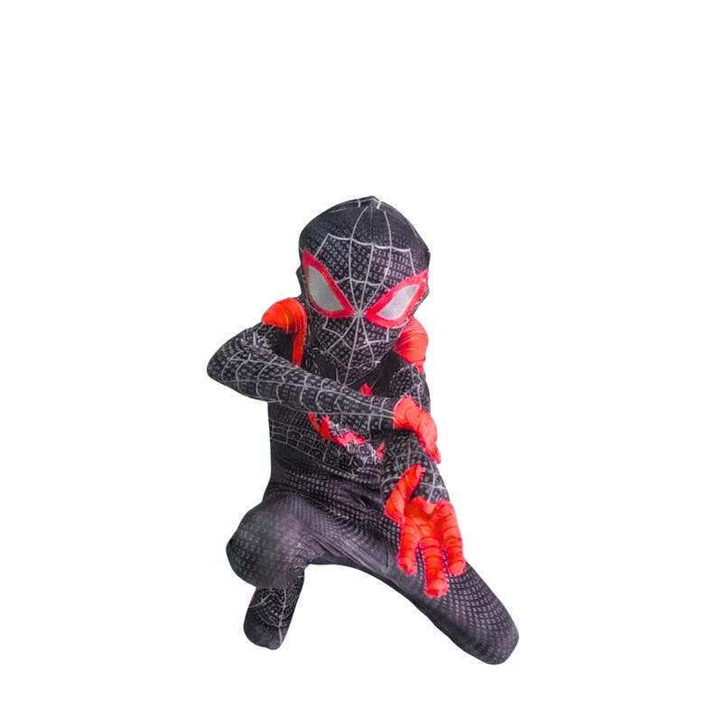 May include: A black and red Spider-Man costume with a web pattern. The costume includes a mask with white eye lenses and red trim, and red gloves. The person is in a crouching position.