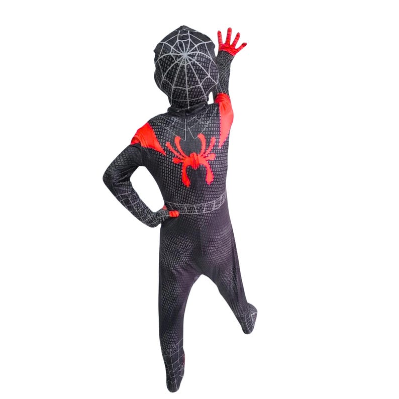 May include: A black and red Spider-Man costume with a hood and gloves. The costume features a red spider emblem on the back and a web pattern on the hood. The gloves and shoulder areas are red.