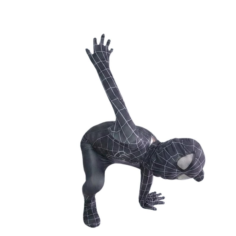 May include: A black Spider-Man costume with a white web pattern. The costume includes a full body suit and a mask with white eye details. The figure is in a crouching position with one arm extended upwards.