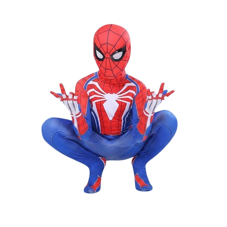 May include: A full-body spandex costume featuring a red and blue color scheme with a black web pattern. The chest displays a large white spider emblem, and the mask includes white eye lenses. The suit covers the head, torso, arms, and legs.