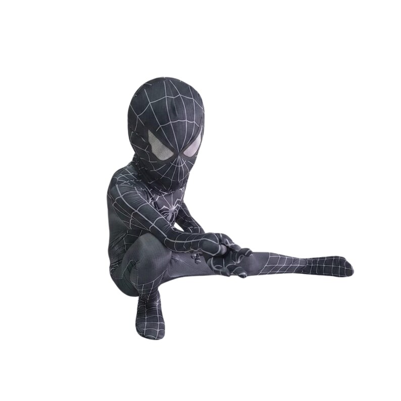May include: Black and white Spider-Man costume. The full-body suit features a web pattern and a mask with white eye details. The costume is designed to fit a child.