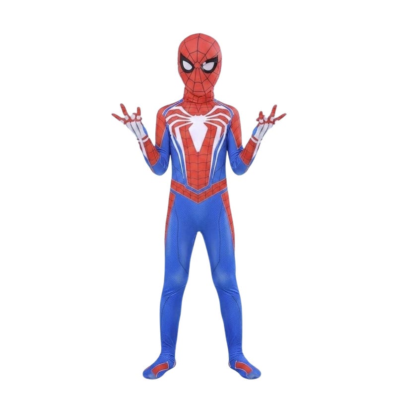 May include: A full-body Spider-Man costume featuring a red and blue spandex-style fabric with a black web pattern. The suit includes a large white spider emblem on the chest, white accents on the arms and hands, and a matching full-head mask.