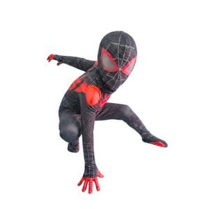 May include: A black and red Spider-Man costume with a web pattern. The costume features a mask with red eye outlines and a red spider emblem on the chest. The gloves and soles of the feet are red.