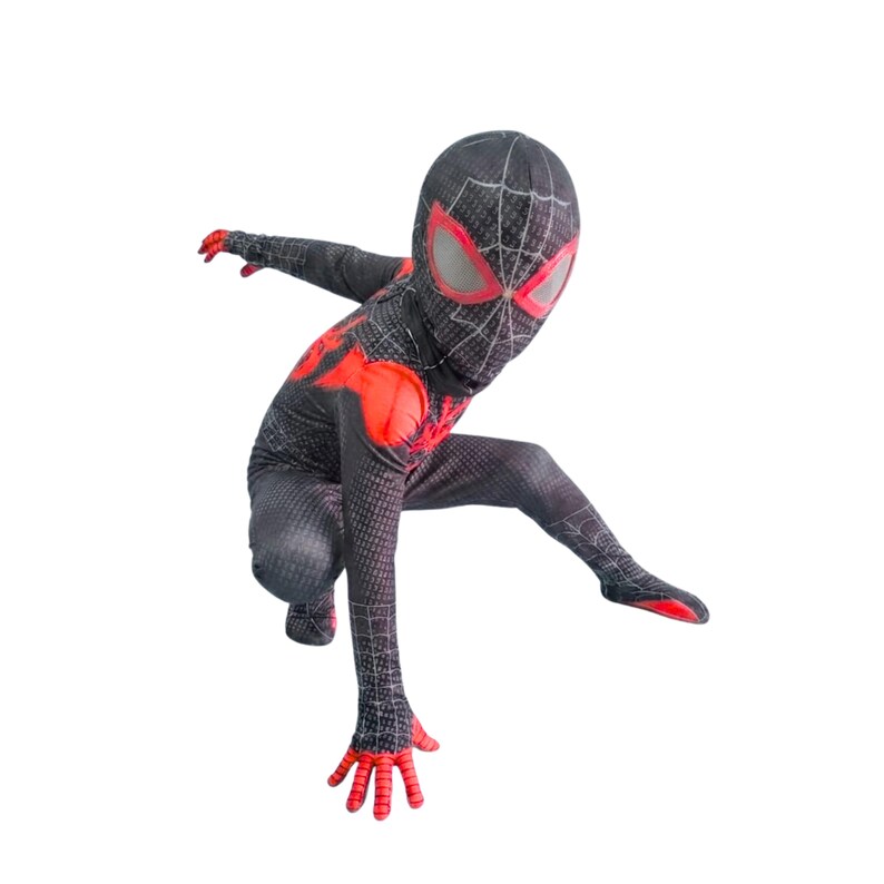 May include: A black and red Spider-Man costume with a web pattern. The costume features a mask with red eye outlines and a red spider emblem on the chest. The gloves and soles of the feet are red.