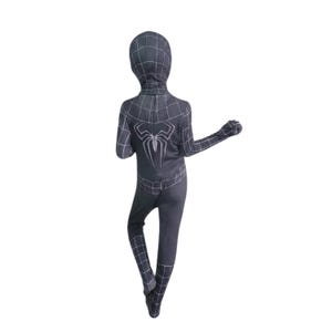 May include: A black and grey Spider-Man costume with a hood, featuring a white spider emblem on the back. The costume has a grid pattern and covers the entire body, including the feet and hands.
