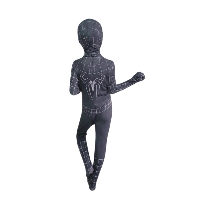 May include: A black and grey Spider-Man costume with a hood, featuring a white spider emblem on the back. The costume has a grid pattern and covers the entire body, including the feet and hands.