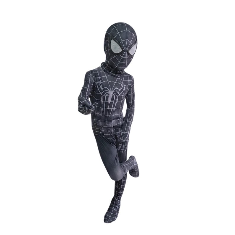 May include: A black and grey Spider-Man costume. The full-body suit has a web pattern and a spider emblem on the chest. The mask has large white eye lenses. The costume is designed to resemble the character from the Spider-Man comic books and films.