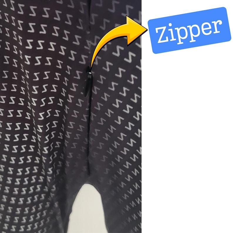 May include: Close-up of a black garment with a repeating white 'S' pattern. A black zipper is visible on the side. The word "Zipper" is in a blue box.