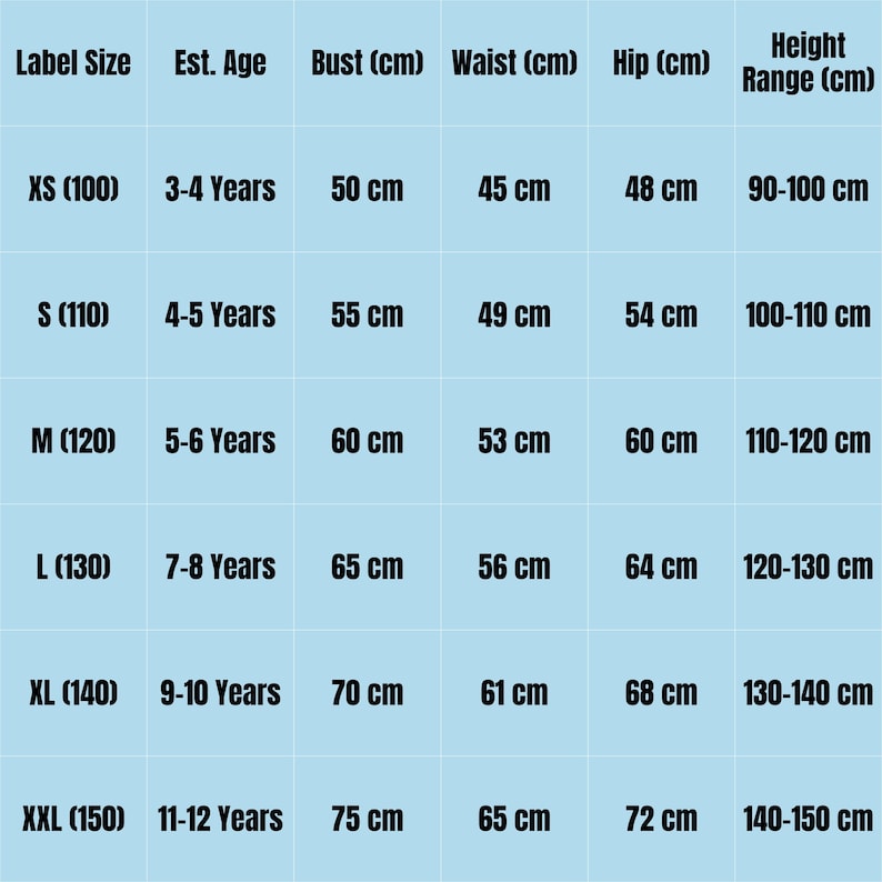 Peut inclure: Un tableau de tailles pour v&ecirc;tements d'enfants sur fond bleu clair avec du texte noir. Il indique la taille, l'&acirc;ge estim&eacute;, le buste, la taille, les hanches et la hauteur en cm pour les tailles XS &agrave; XXL, couvrant les &acirc;ges de 3 &agrave; 12 ans.