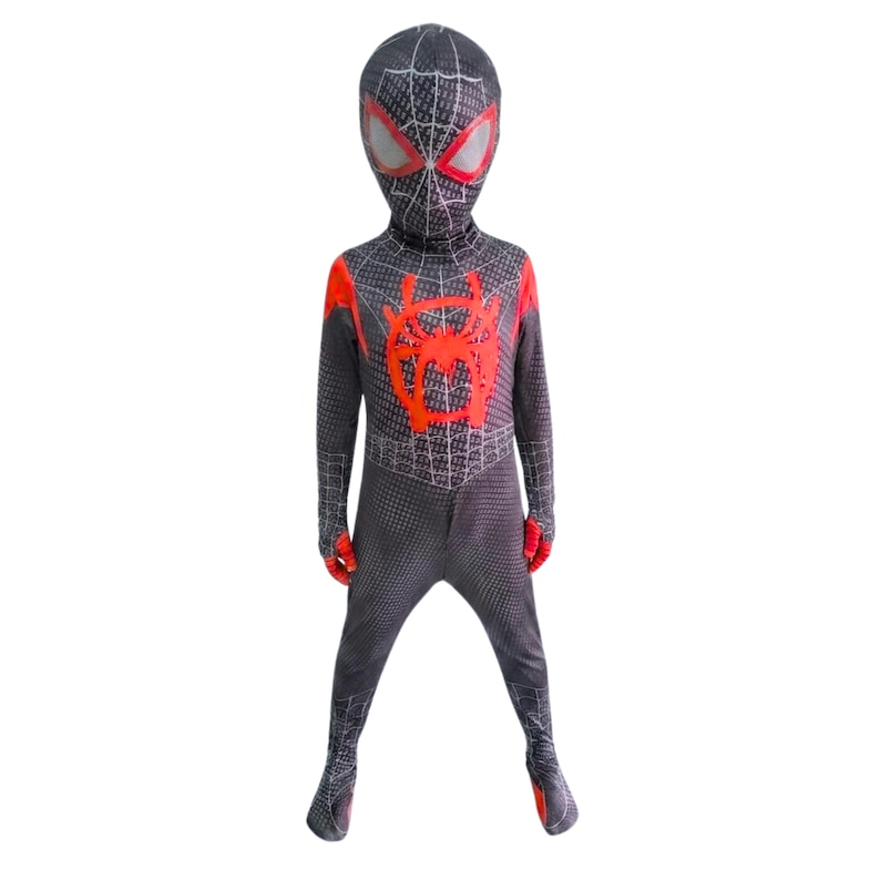 May include: A full-body black and red Spider-Man costume. The costume features a black web pattern, a red spider emblem on the chest, and a mask with red eyes. The costume is designed for children.