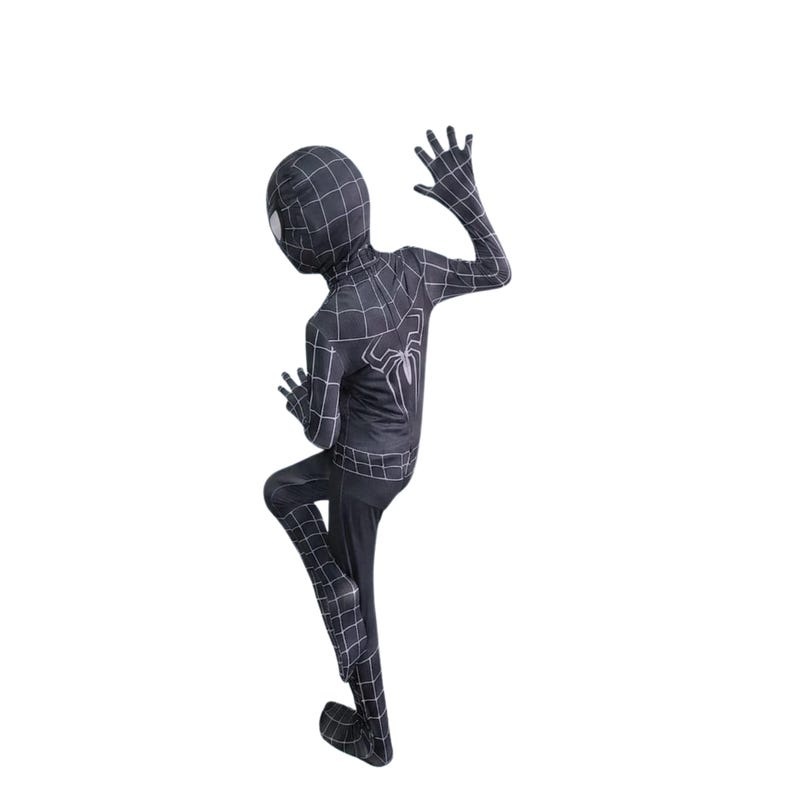 May include: A black and white Spider-Man costume. The costume has a black base with a white web pattern and a large spider emblem on the back. The mask has white eye lenses. The costume is a full body suit.