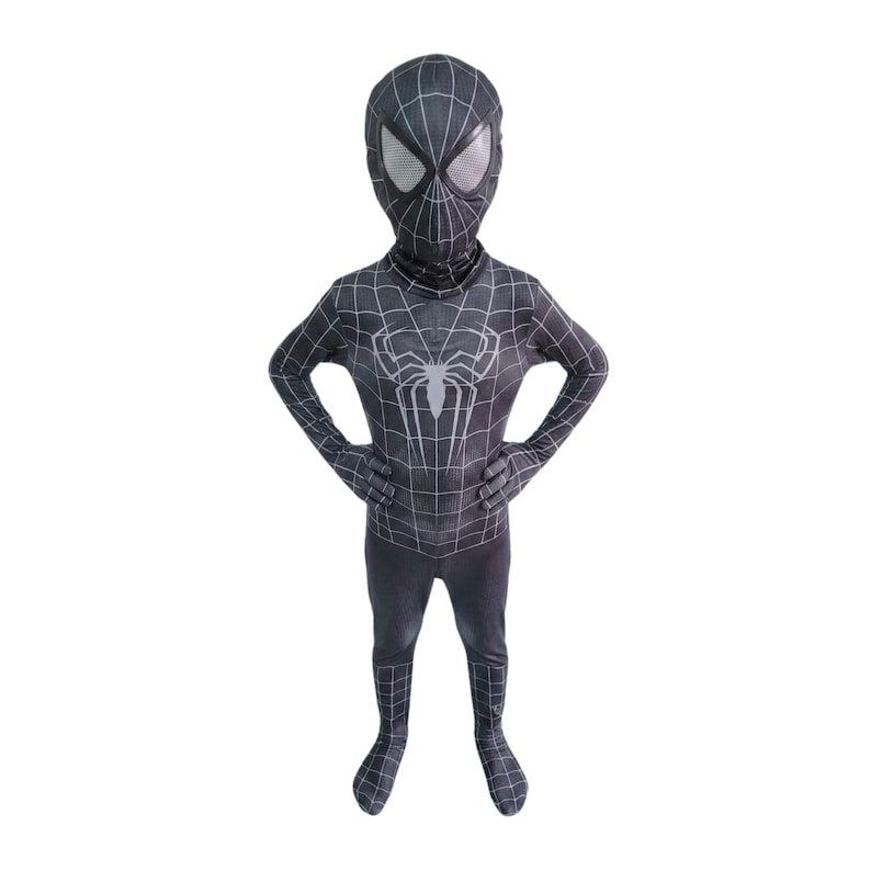 May include: A black and grey Spider-Man costume, comprising a full bodysuit, gloves, and hood. The costume has a web pattern and a white spider emblem on the chest. The eye lenses are silver.