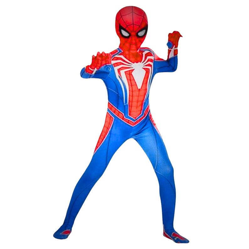 May include: A full-body spandex costume featuring a red and blue color scheme with a prominent white spider emblem on the chest. The suit includes a matching head covering with black-rimmed white eye lenses and a black web pattern across the red areas.