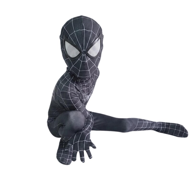 May include: Black Spider-Man costume with white web detailing. The full-body suit includes a mask with large white eye lenses. The costume is designed to fit a child and is shown in a crouching pose.