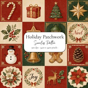 Op de afbeelding: Een digitaal patchworkpatroon met feestelijke vakantie-iconen waaronder een zuurstok, cadeau, kerstboom, ster, hulst, sneeuwpop, bel, peperkoekman, dennenappel, kerstster en een hert, met de tekst Holiday Patchwork Seamless Pattern.
