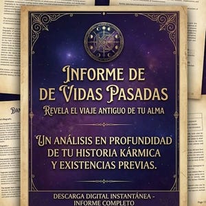 May include: A digital download titled "Informe de Vidas Pasadas" with a purple and gold design. The text includes "Reveal the ancient journey of your soul" and "An in-depth analysis of your karmic history and previous existences."