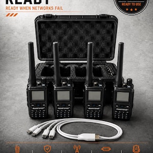 May include: Four black Baofeng handheld two-way radios with antennas, arranged in front of an open black protective hard case with foam interior. A white multi-head USB-C charging cable is positioned in the foreground. Text includes SIGNAL READY.