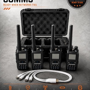 May include: Blackout Comms kit with four pre-programmed radios, a custom protective hard case, and a USB-C multi-charging cable. The radios are ready to use when networks fail. The kit includes NOAA and GMRS channels.