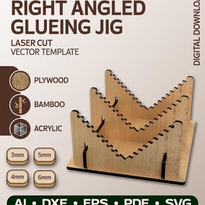 Peut inclure: Un gabarit de collage à angle droit, modèle vectoriel pour découpe laser. Le téléchargement numérique propose des options pour contreplaqué, bambou et acrylique en épaisseurs de 3mm, 4mm, 5mm et 6mm. Formats AI, DXF, EPS, PDF et SVG.