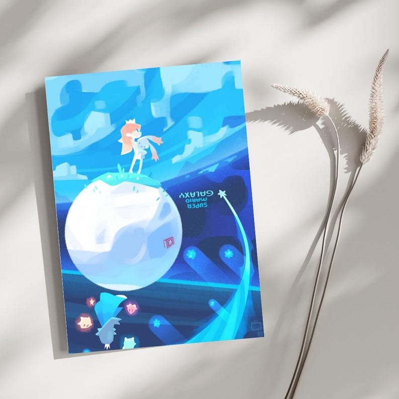 May include: A rectangular art print featuring a stylized illustration of a character standing on a small, round, light blue planet. The scene includes a small creature, floating stars, and the text Super Mario Galaxy in a blue color palette.