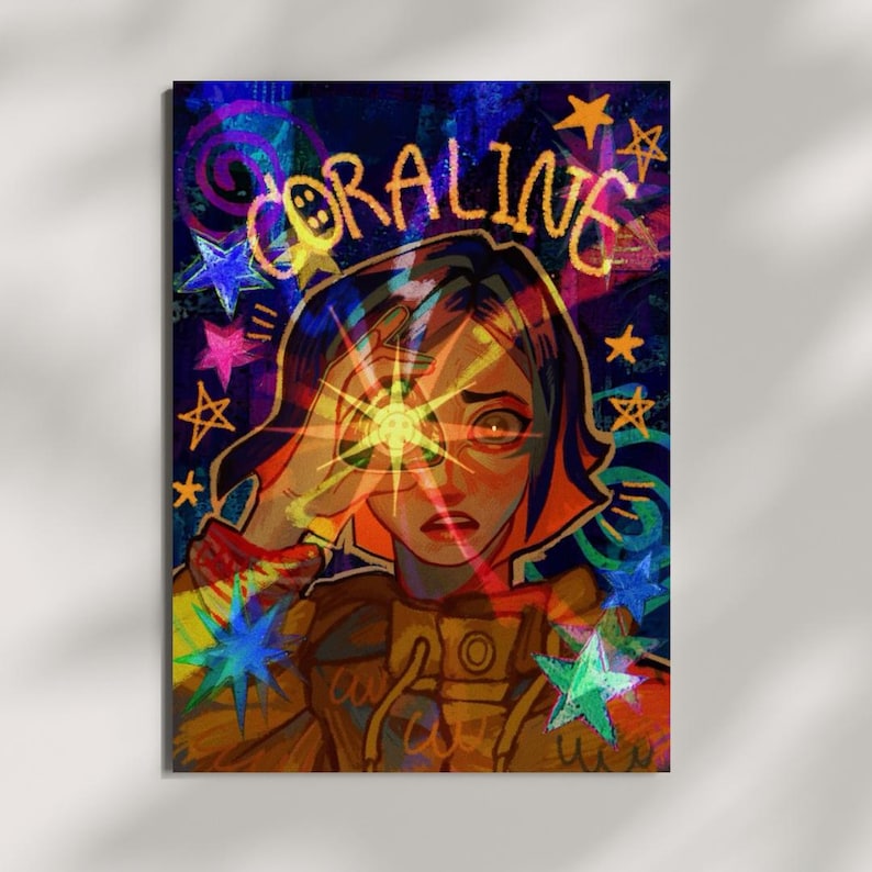 May include: A vibrant digital illustration featuring the character Coraline looking through a button-shaped viewing device. The artwork uses a dark blue background with colorful neon stars, swirls, and the text Coraline in yellow script.