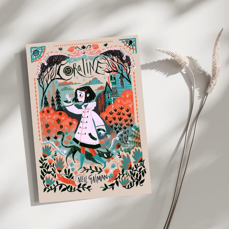 May include: A rectangular art print featuring a Coraline book cover illustration by Neil Gaiman. The design displays a character in a white coat with a black cat in a forest setting with orange and teal foliage, a house, and decorative borders.