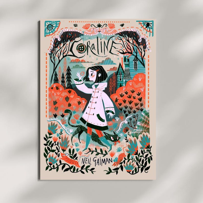 May include: A rectangular art print featuring a stylized illustration of a character in a light pink coat holding a button, with a black cat, a house, and trees in the background. The text Coraline and Neil Gaiman is printed in black.