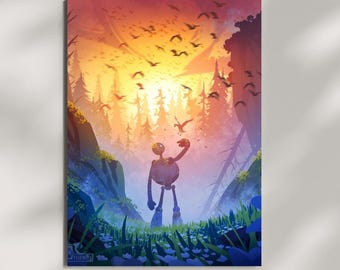 Wild Robot Forest Art Print, Dreamy Sunset Animated Film Poster, Nature Bird Living Room Wall Art