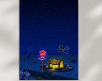 Krusty Krab Night Art Print, Moody Neon Underwater Scene Poster, Dark Blue Aesthetic Bedroom Wall Art