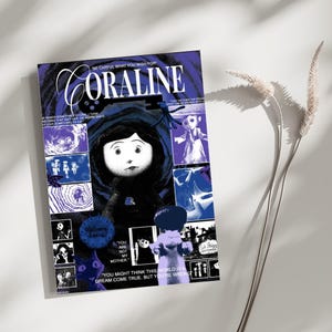 May include: A rectangular poster featuring a collage of Coraline imagery in shades of blue, black, and white. The title Coraline is printed at the top with a key icon. Text includes Be careful what you wish for, You are not my mother, and more.