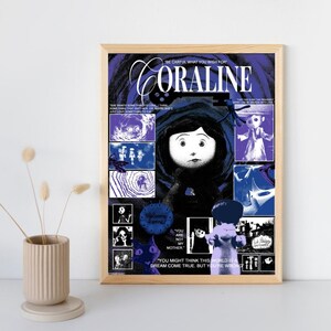 May include: A framed poster featuring a collage of Coraline movie imagery in shades of purple, blue, and black. The design includes the title Coraline, a central character illustration, various scene panels, a cat, and text quotes from the film.