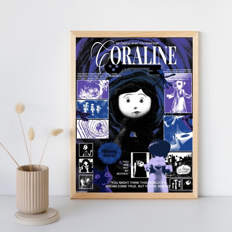 May include: A framed poster featuring a collage of Coraline movie imagery in shades of purple, blue, and black. The design includes the title Coraline, a central character illustration, various scene panels, a cat, and text quotes from the film.