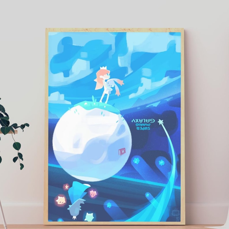 May include: A rectangular wall art print featuring a stylized illustration of a character standing on a small, round, white planet against a blue space background. The text Super Mario Galaxy is visible, along with a small red book icon.