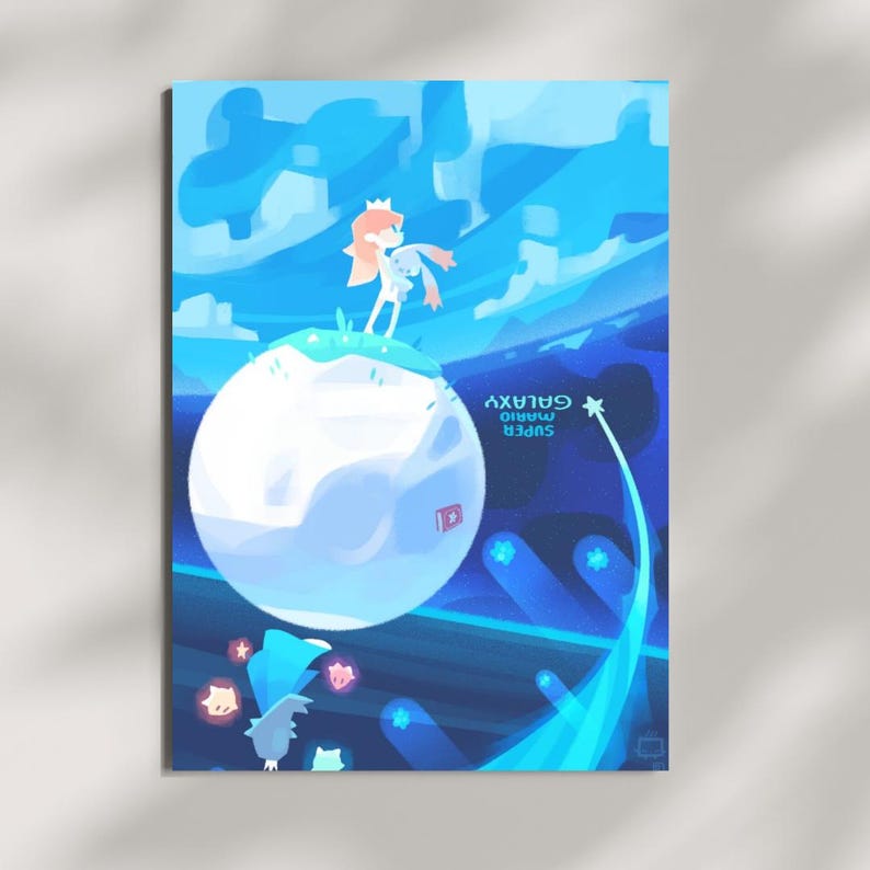 May include: A digital art print featuring a stylized character with a crown holding a small creature while standing on a white spherical planet. The background is a deep blue space scene with glowing stars and the text SUPER MARIO GALAXY.