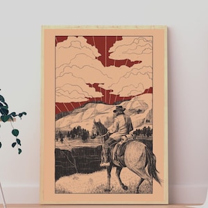 Cowboy Art Print, Vintage Western Horse Rider Etching Poster, Rustic Red Sky Man Cave Wall Art