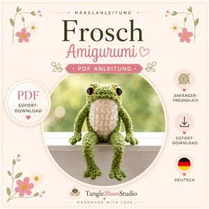 May include: A crochet pattern for a frog amigurumi featuring the text HÄKELANLEITUNG Frosch Amigurumi PDF ANLEITUNG. The image shows a green and white crocheted frog with large dark eyes, along with icons for PDF download and beginner-friendly instructions.