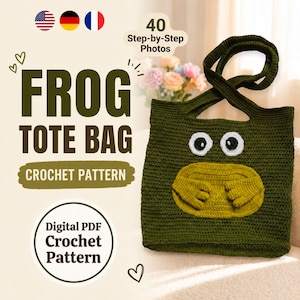 Frosch Tasche Häkelanleitung PDF | Häkeltasche Anleitung | Einkaufstasche häkeln | Anfänger | Deutsch Englisch Französisch